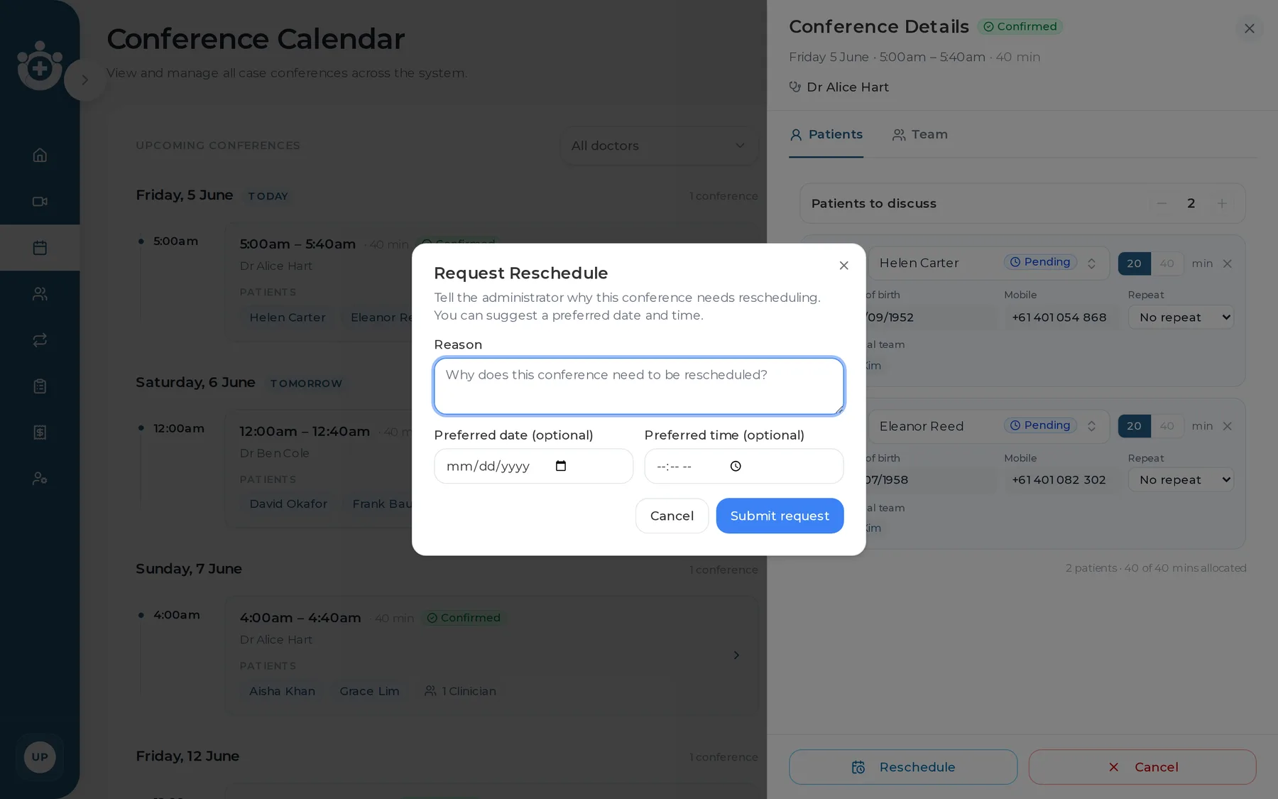 The "request a change" dialog for a conference — reschedule / cancel request.