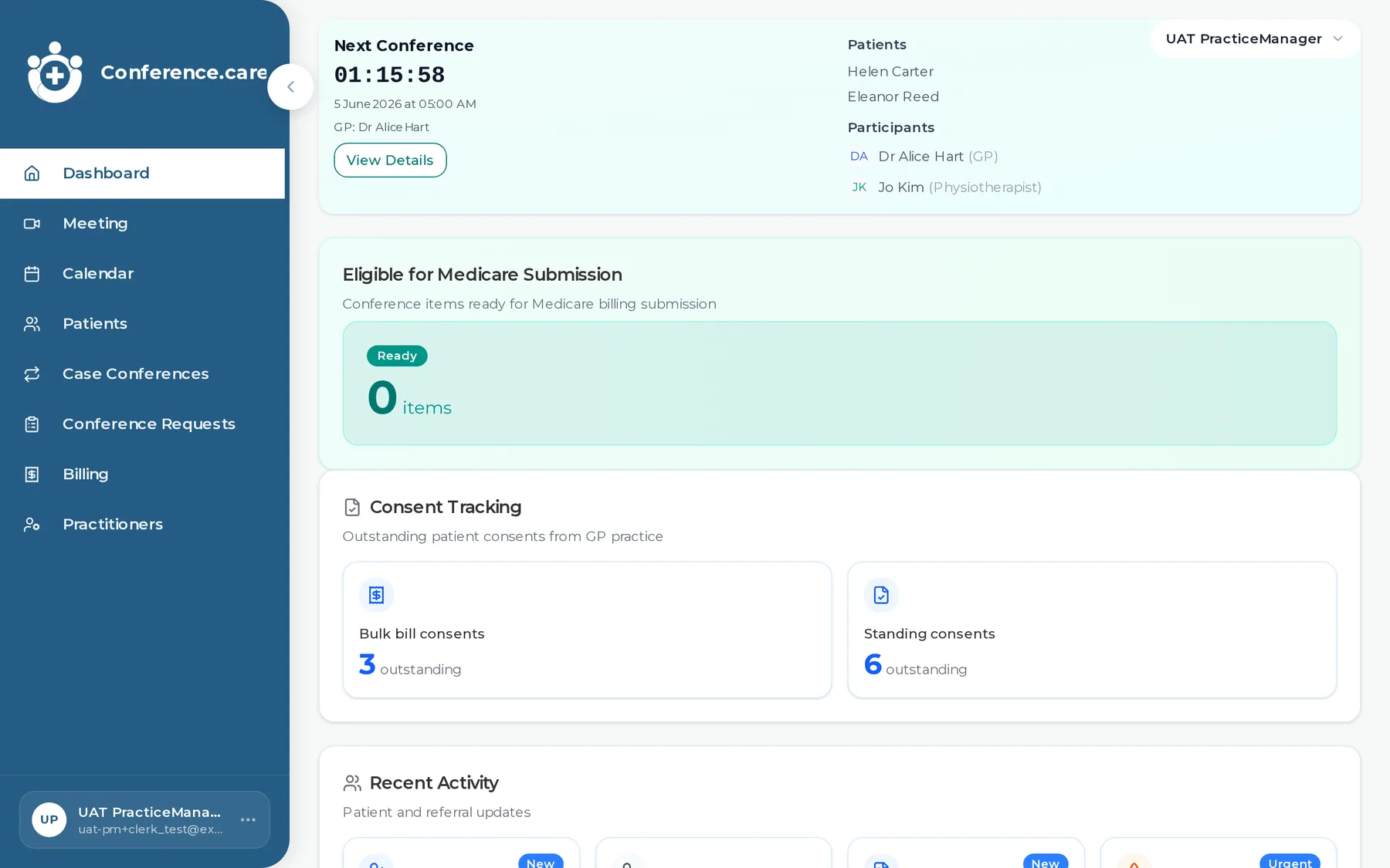 The practice-admin sidebar, with each item numbered and captioned (Dashboard, Meeting, Calendar, Patients, Case Conferences, Conference Requests, Billing, Practitioners).