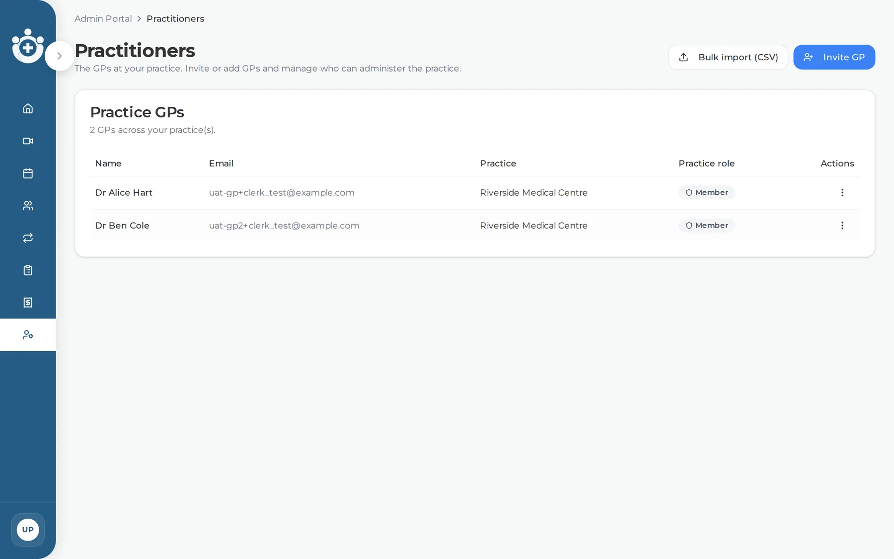 The Practitioners list — GPs with invite status, plus add / import / invite and the make-practice-admin toggle.