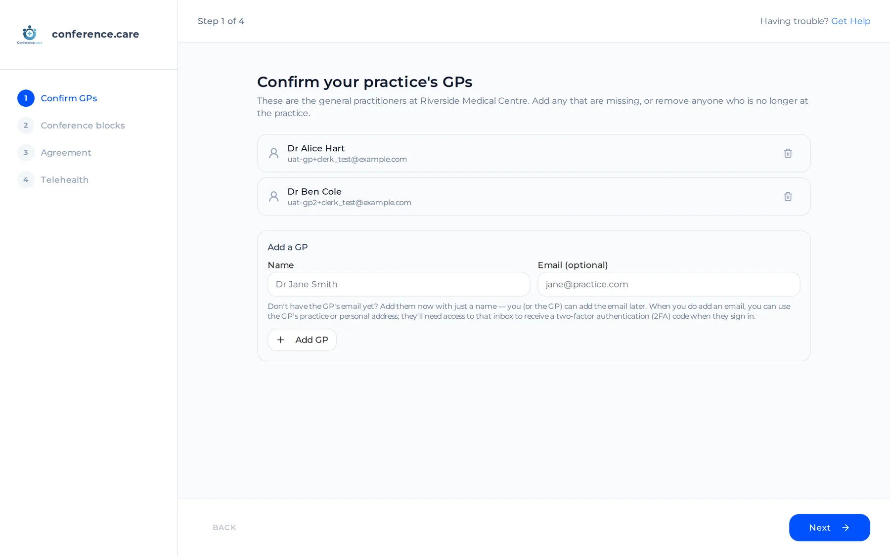 Wizard step 1 — "Confirm your practice's GPs": the GP list with Add GP / Invite GP and the name + email fields.