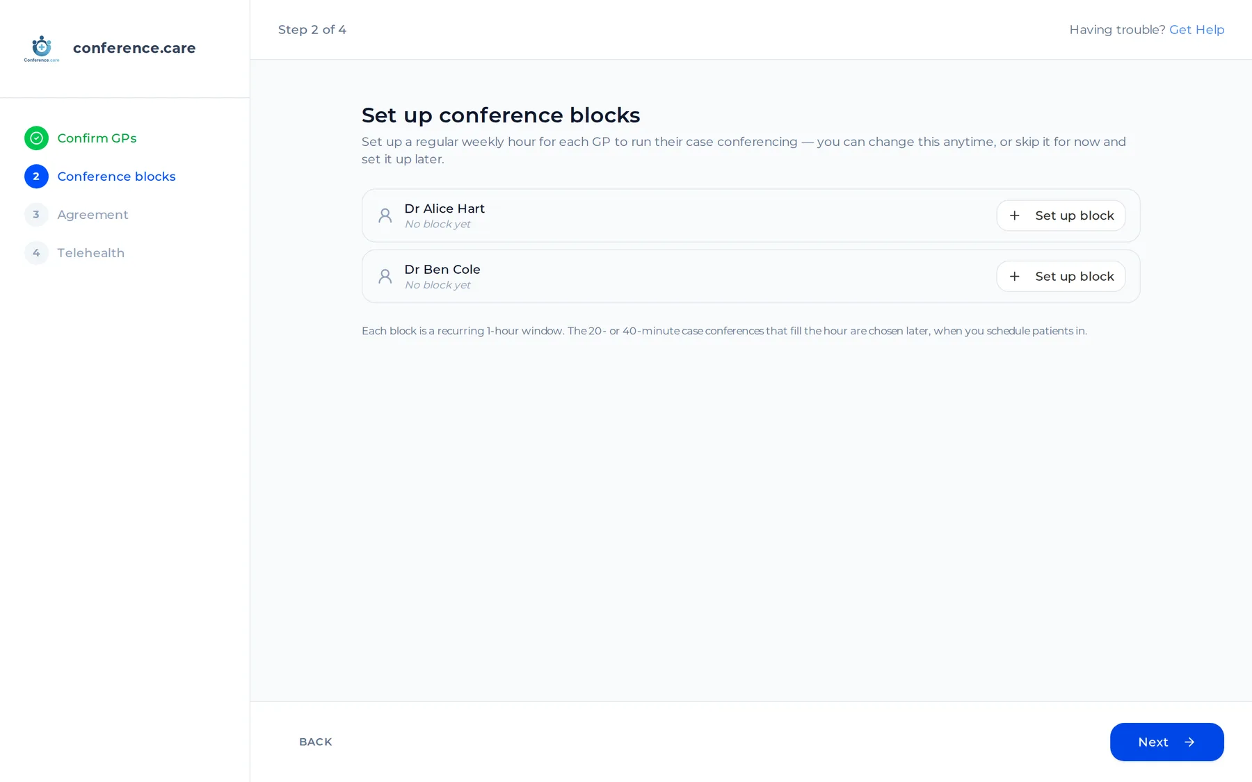 Wizard step 2 — "Set up conference blocks": per-GP recurring weekly / fortnightly hour, with Set up block / Add another.