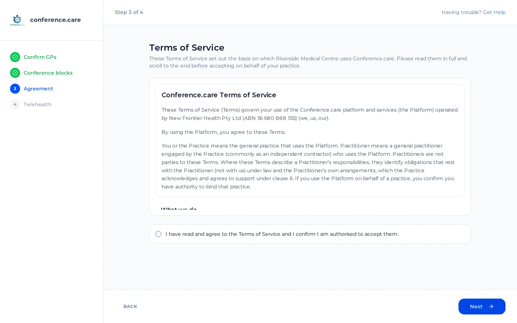 Wizard step 3 — "Terms of Service": the agreement text and the "I have read and agree…" checkbox.