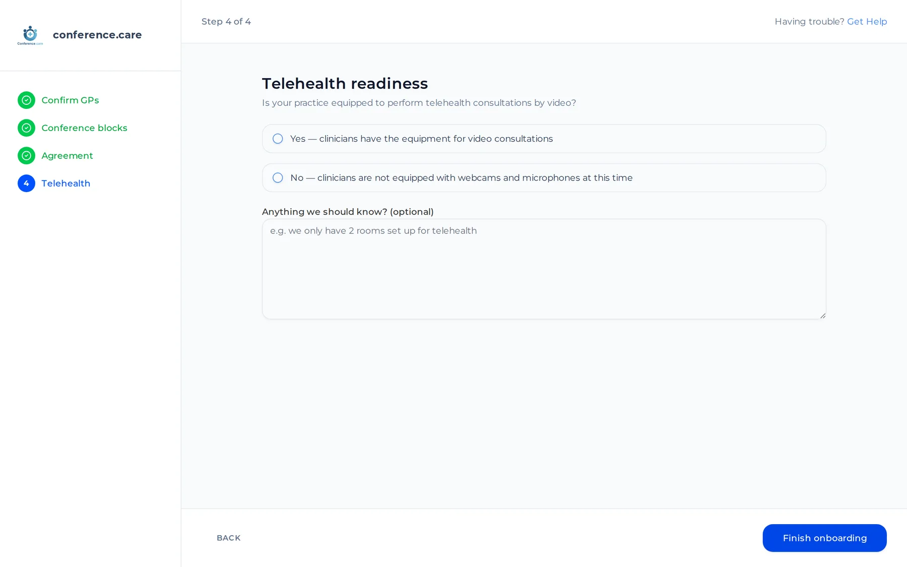 Wizard step 4 — "Telehealth readiness": the equipped Yes / No choice and the optional notes field.