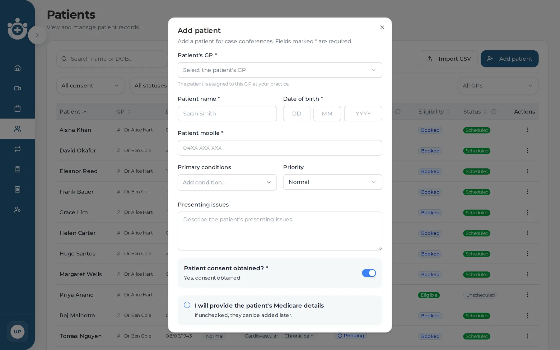 The add-patient form, with the required owning-GP selector highlighted.