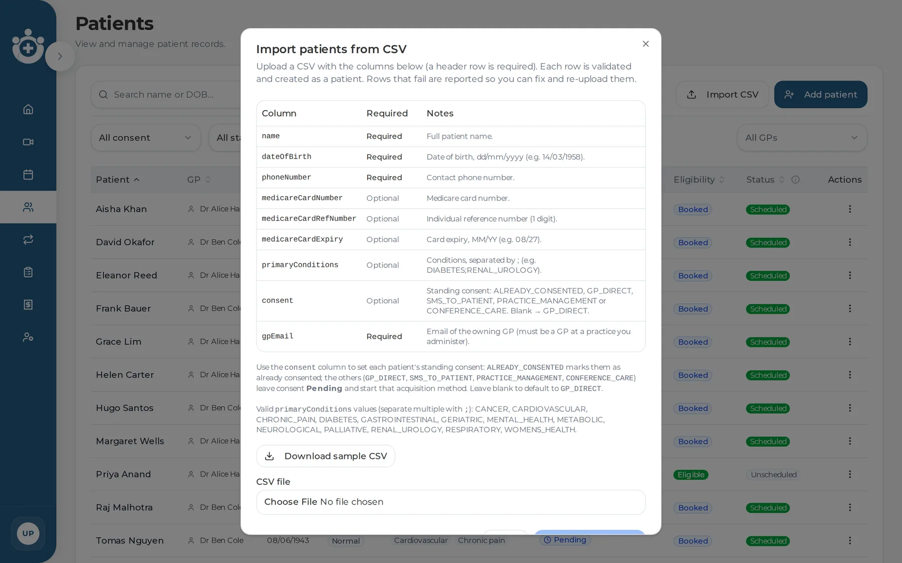 The CSV import dialog, with the owning-GP column called out.